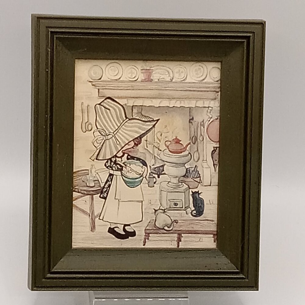 Blue Stripe BONNET GIRL Print Country Little Blessed Kitchen Cats 6.25x5.25"